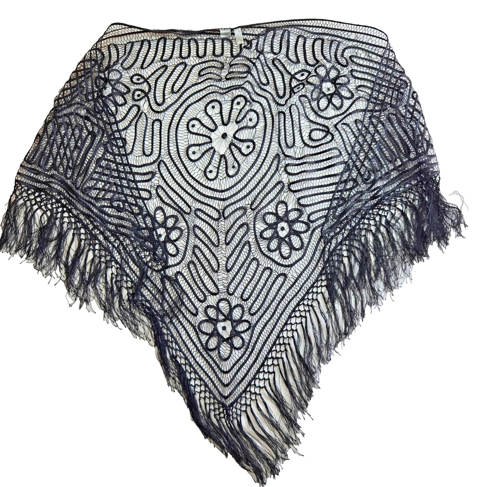 Chico's Black Lace Fringe Embroidered Scarf